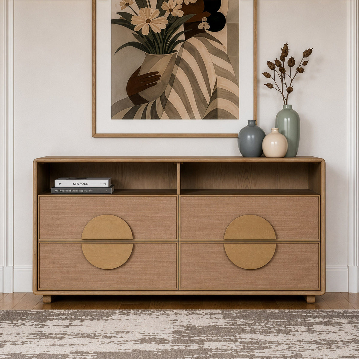 Sergio 4‑Piece Bedroom Set Natural Oak Upholstered Canopy Bed