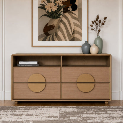 Sergio 4‑Piece Bedroom Set Natural Oak Upholstered Canopy Bed