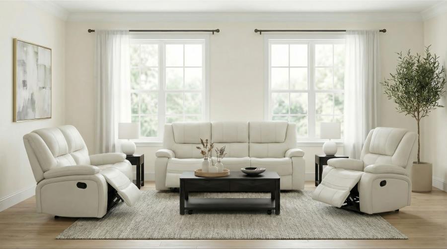 Camila 3 Piece White Upholstered Reclining Sofa Set
