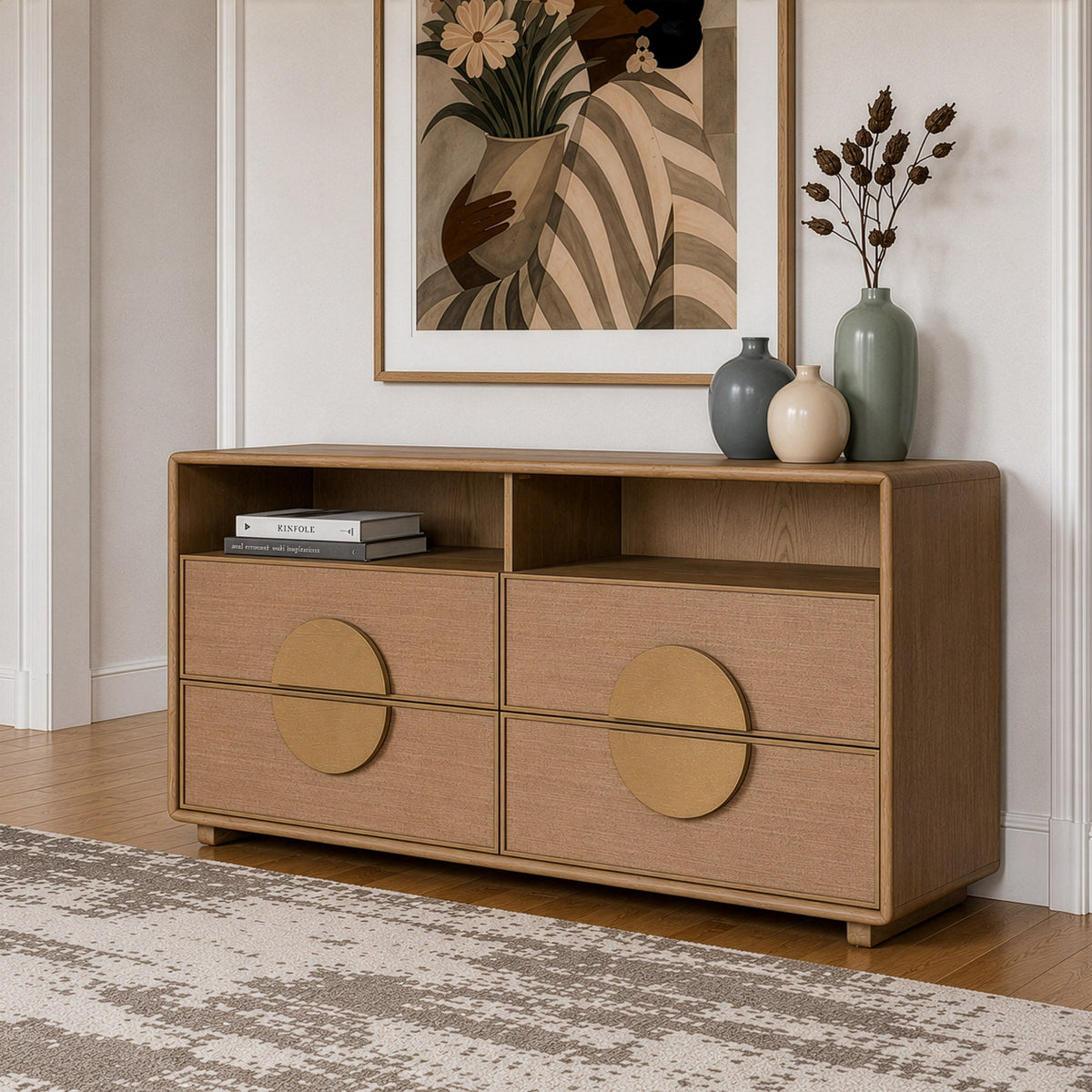 Sergio 4‑Piece Bedroom Set Natural Oak Upholstered Canopy Bed