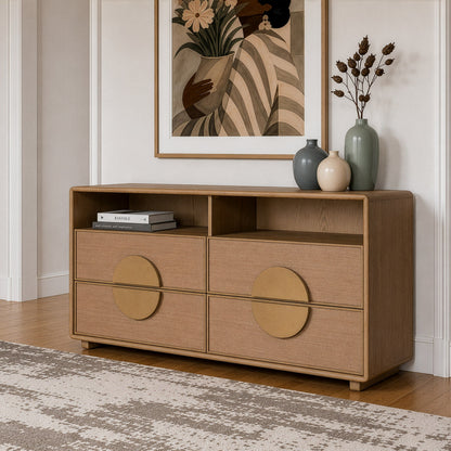 Sergio 4‑Piece Bedroom Set Natural Oak Upholstered Canopy Bed