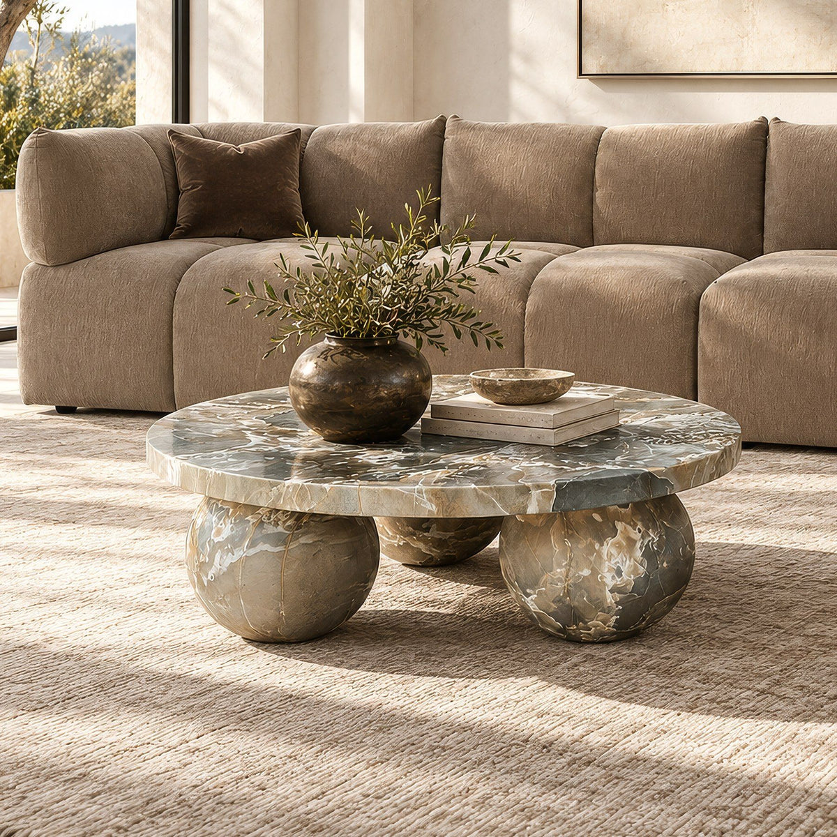 Wutai Modern Beige Grey Faux Marble Concrete Round Coffee Table