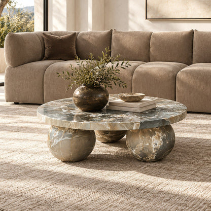 Wutai Modern Beige Grey Faux Marble Concrete Round Coffee Table
