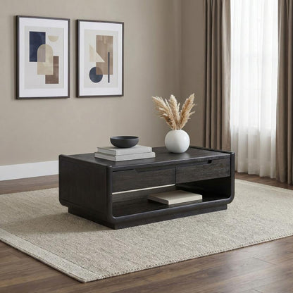 Leandro Burnished Black 2 Drawer Wood Cocktail Coffee Table