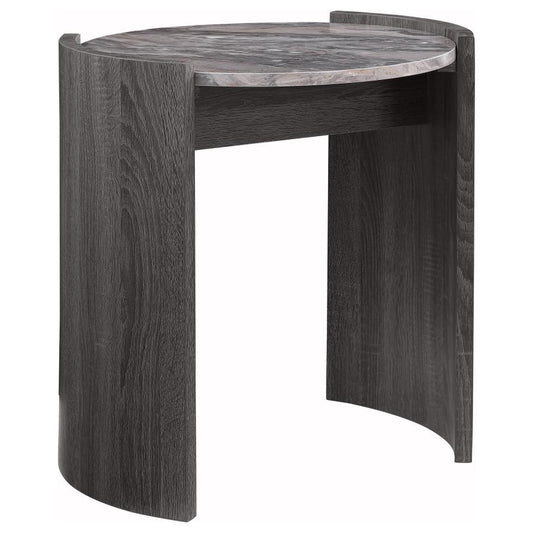 Gladstone Round End Table – Distressed Grey with Faux Marble Top