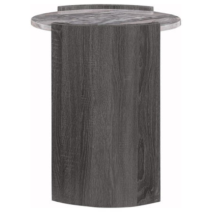 Gladstone Round End Table – Distressed Grey with Faux Marble Top