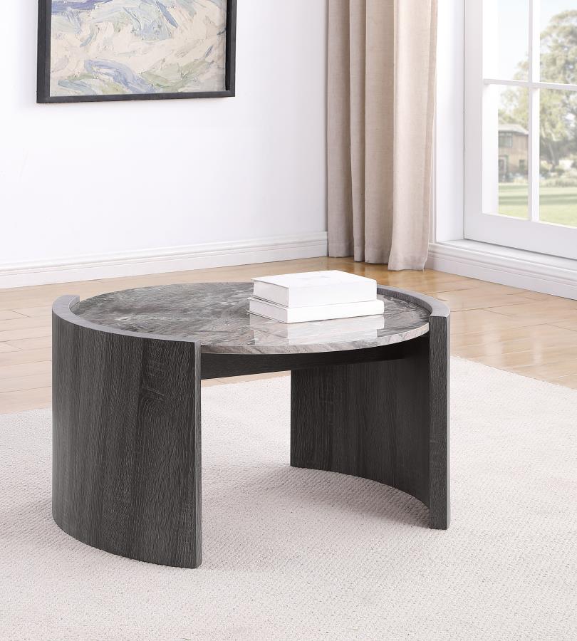 Gladstone Round Coffee Table – Distressed Grey Base with Faux Marble Top