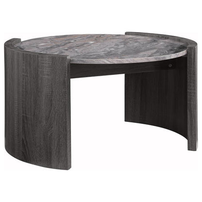 Gladstone Round Coffee Table – Distressed Grey Base with Faux Marble Top