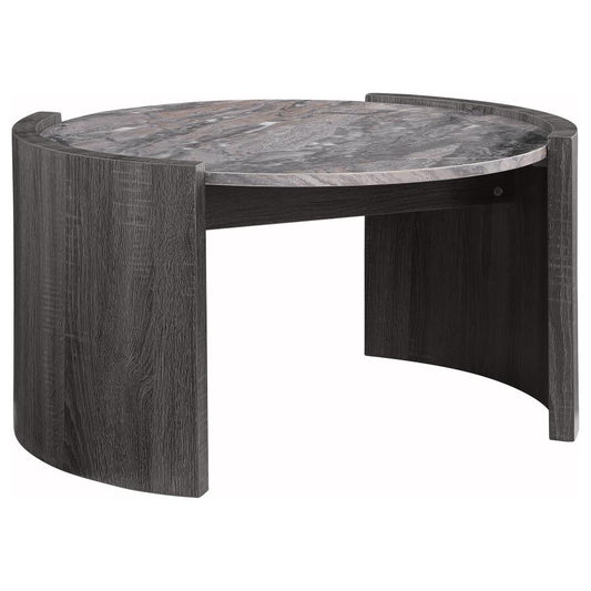 Gladstone Round Coffee Table – Distressed Grey Base with Faux Marble Top