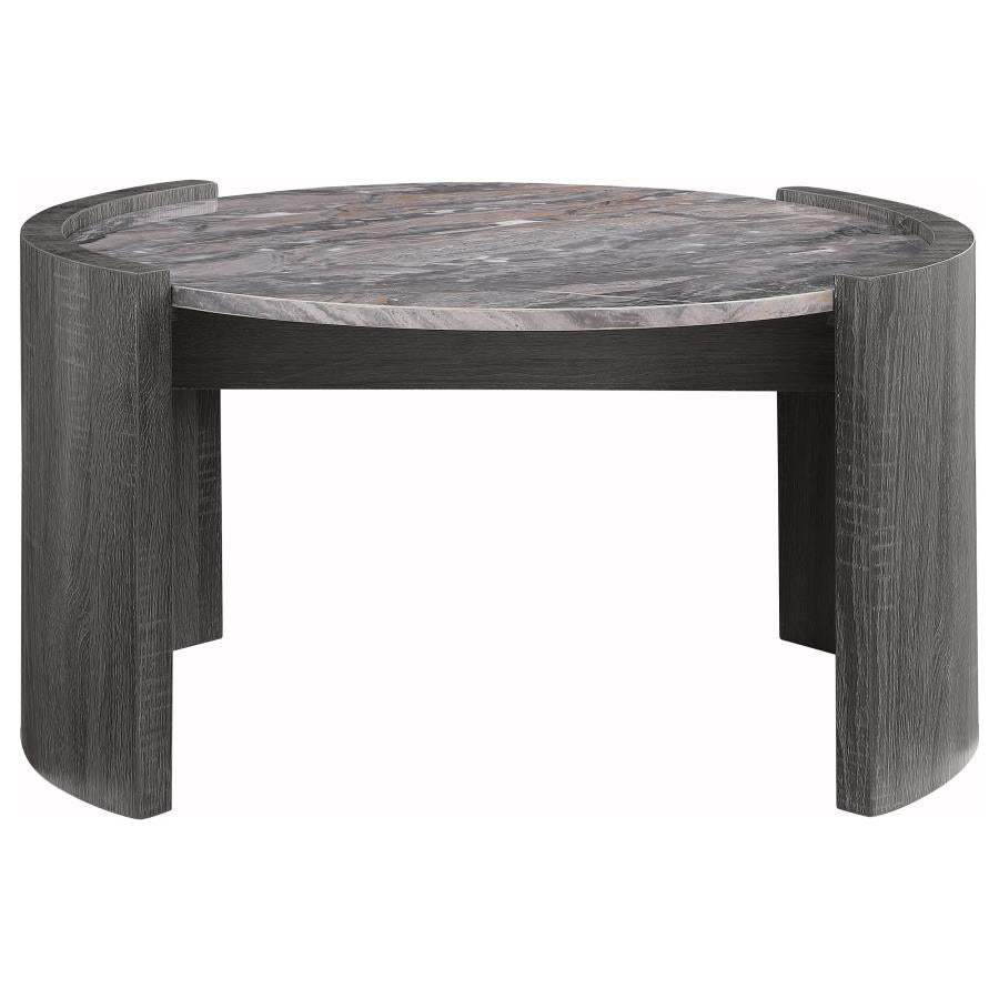 Gladstone Round Coffee Table – Distressed Grey Base with Faux Marble Top