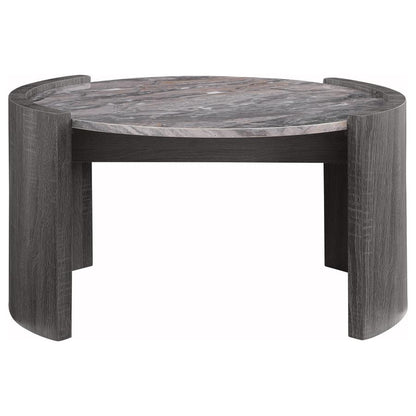 Gladstone Round Coffee Table – Distressed Grey Base with Faux Marble Top