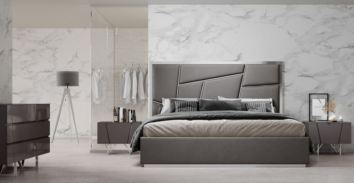Chrysler Grey Bedroom Set – Bonded Leather Bed with Polished Stainless Steel Accents and Case Goods