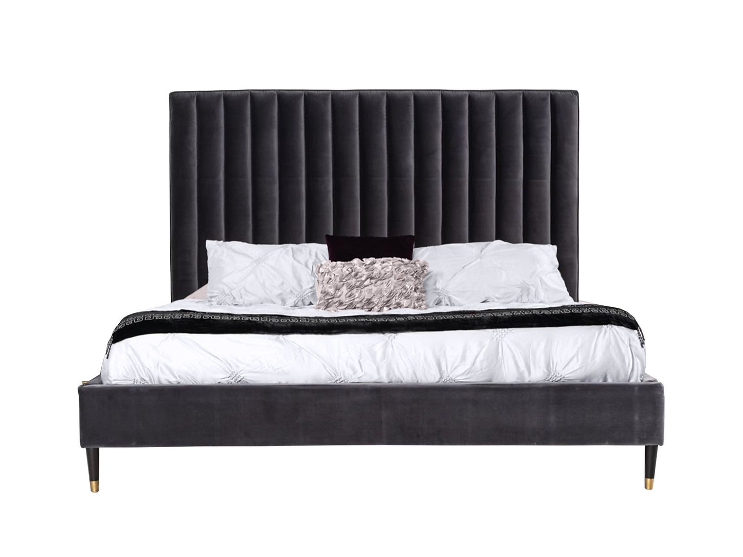 Hemlock Dark Grey Velvet Upholstered Platform Bed with Cushioned Headboard