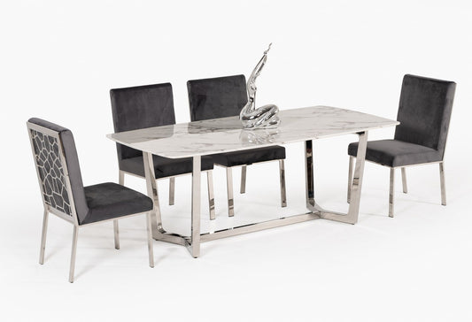 Modrest Garrett Modern White Faux Marble & Stainless Steel Dining Table