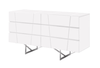 Chrysler White High Gloss 6‑Drawer Dresser with Polished Stainless Steel Leg