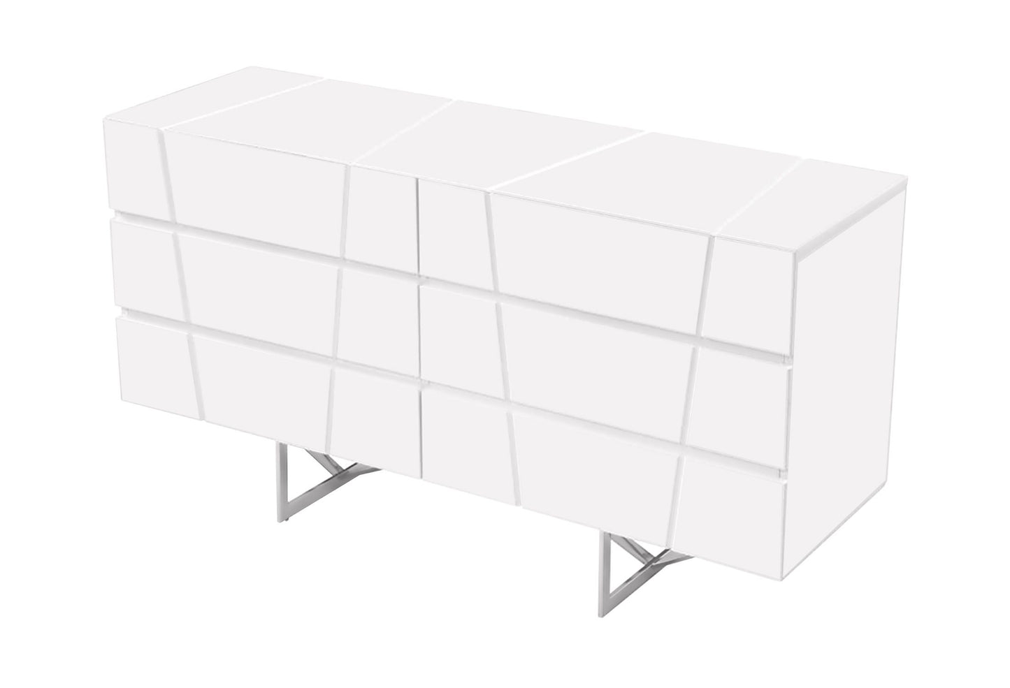 Chrysler White High Gloss 6‑Drawer Dresser with Polished Stainless Steel Leg