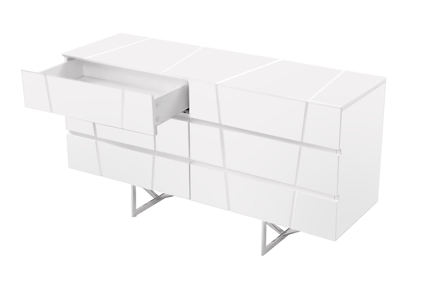 Chrysler White High Gloss 6‑Drawer Dresser with Polished Stainless Steel Leg
