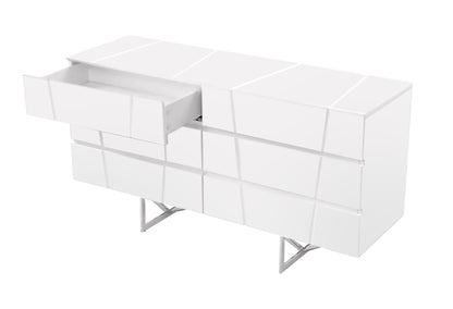 Chrysler White High Gloss 6‑Drawer Dresser with Polished Stainless Steel Leg