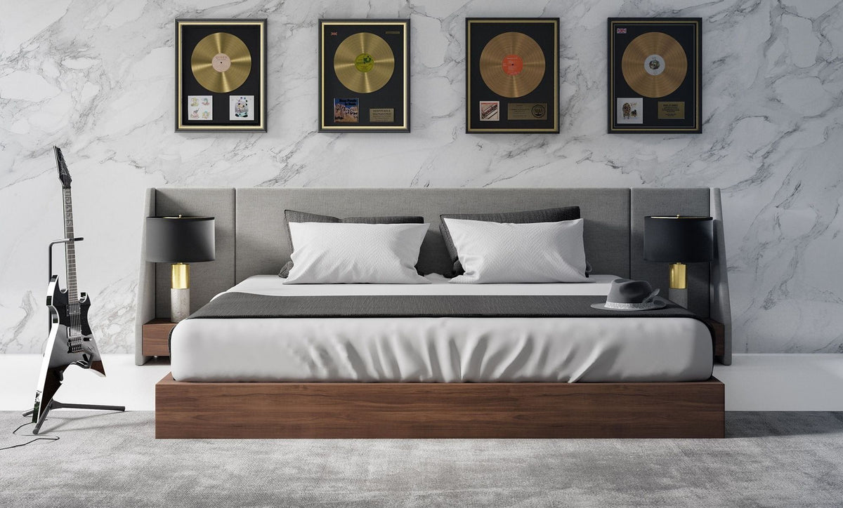 Janice Grey Fabric Bed with Walnut Rails and Two Nightstands