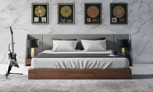 Janice Grey Fabric Bed with Walnut Rails and Two Nightstands