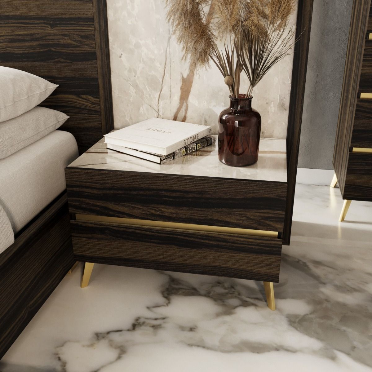 Nova Domus Velondra - Modern Eucalypto + Marble Bed with Two Nightstands