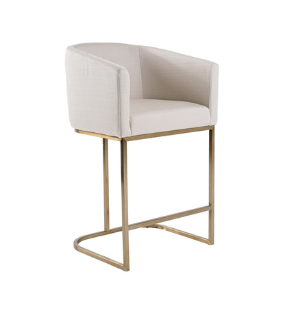 Modrest Yukon Modern Off White Fabric & Brushed Brass Counter Chair - A Chic and Comfortable Addition to Contemporary Spaces, Featuring Elegant Upholstery and Sleek Brushed Brass Accents.