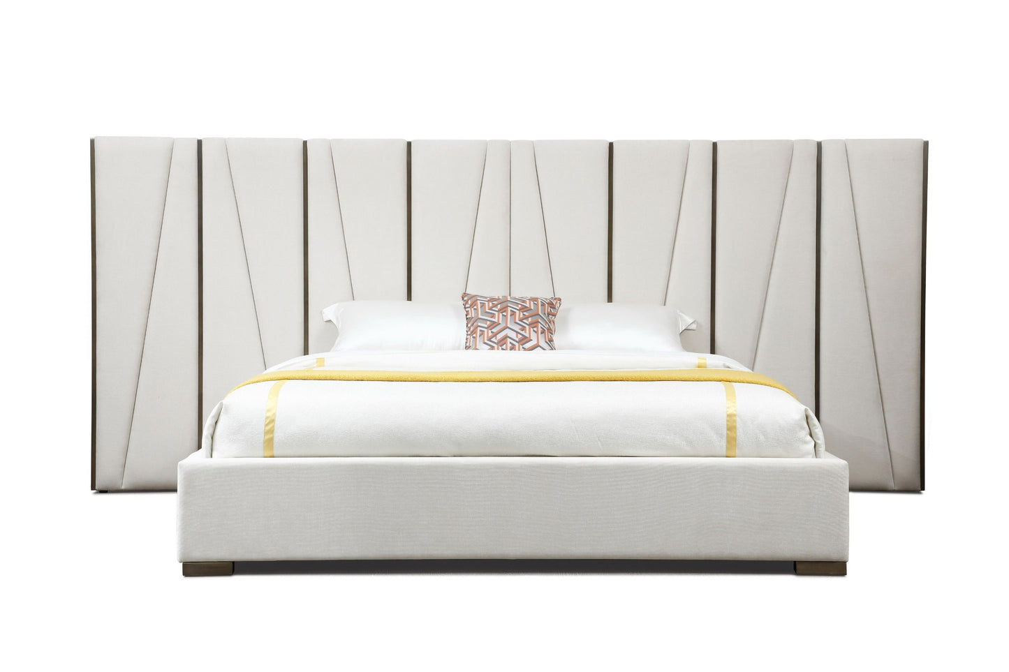 Modrest Nixa - Modern Beige Velvet + Brushed Bronze Bed + Birch Nightstands