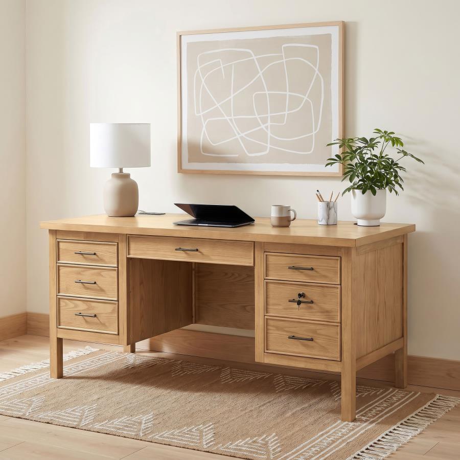 Vermes 66‑Inch 7‑Drawer Computer Desk with Power Outlet Light Ash