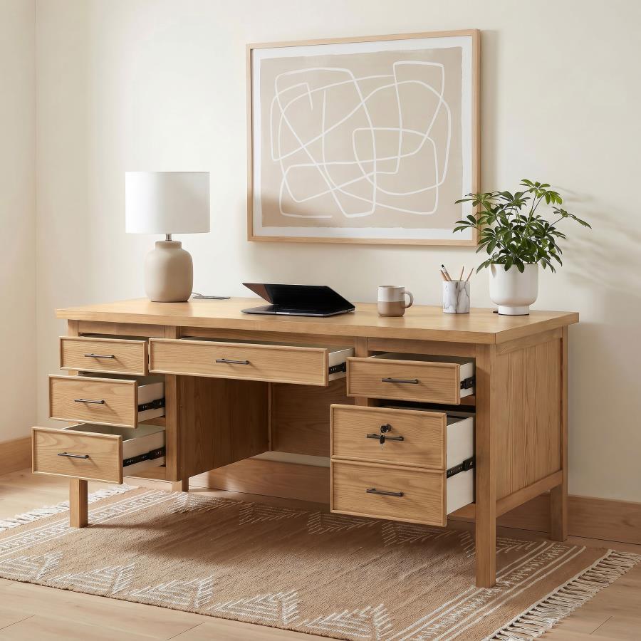 Vermes 66‑Inch 7‑Drawer Computer Desk with Power Outlet Light Ash
