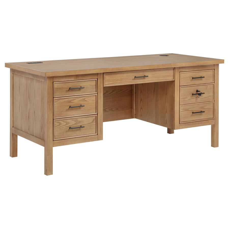 Vermes 66‑Inch 7‑Drawer Computer Desk with Power Outlet Light Ash