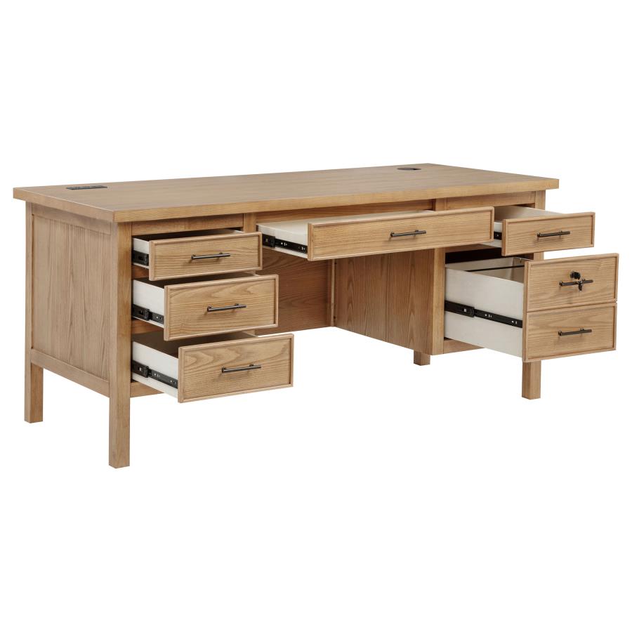 Vermes 66‑Inch 7‑Drawer Computer Desk with Power Outlet Light Ash
