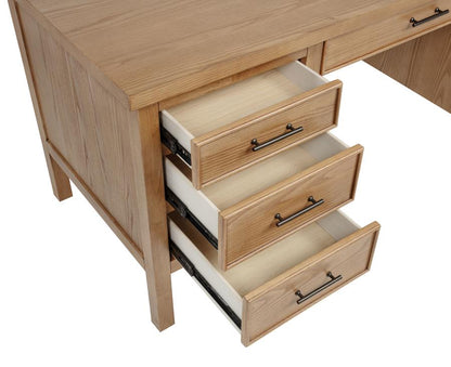 Vermes 66‑Inch 7‑Drawer Computer Desk with Power Outlet Light Ash