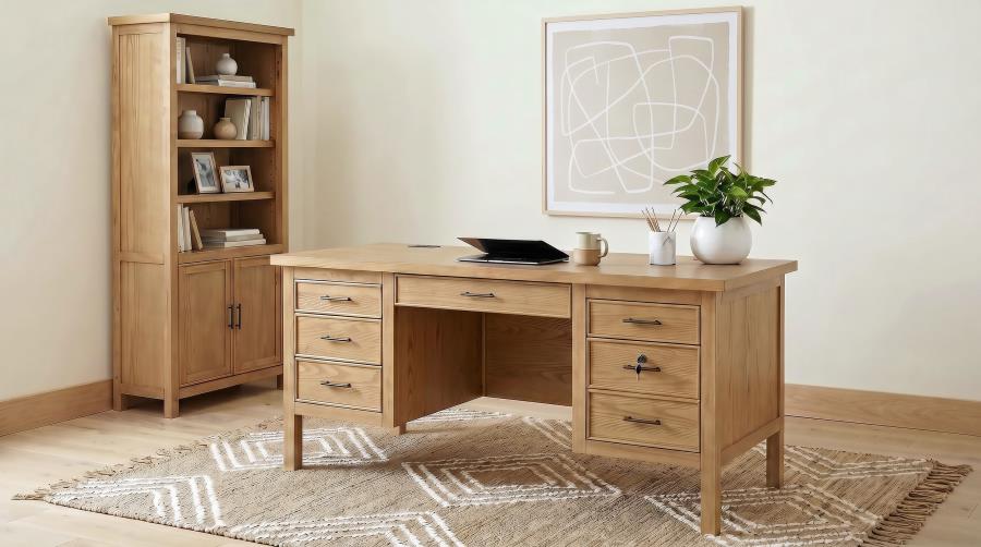 Vermes 66‑Inch 7‑Drawer Computer Desk with Power Outlet Light Ash