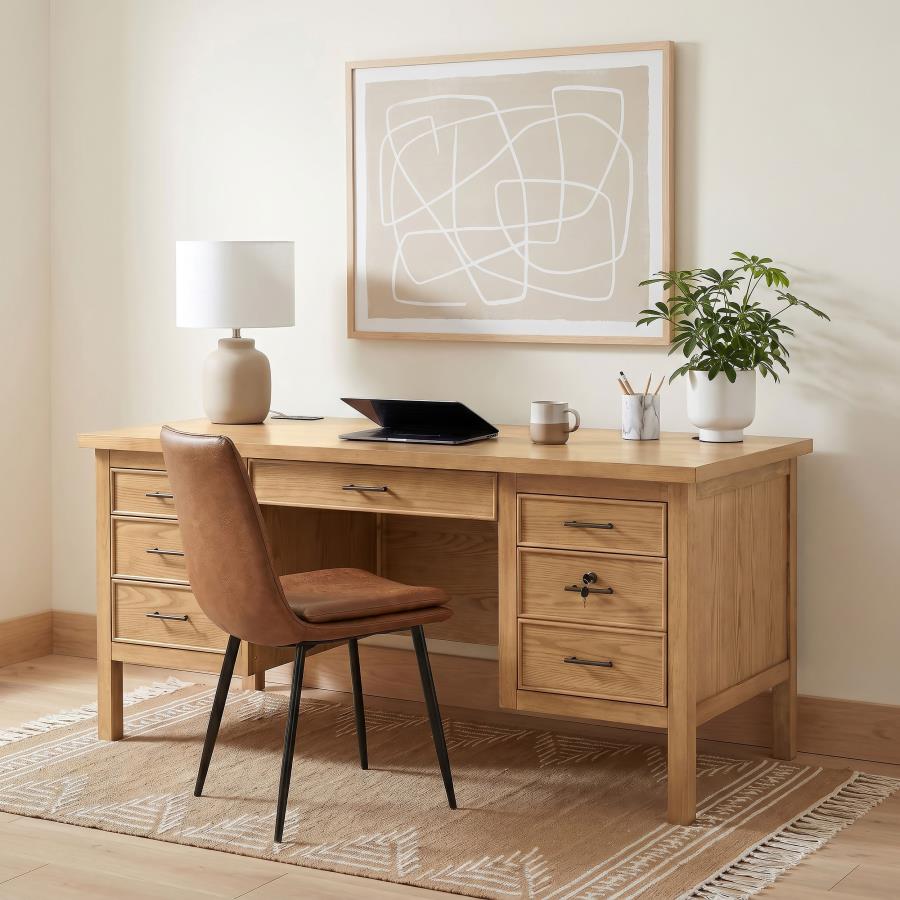 Vermes 66‑Inch 7‑Drawer Computer Desk with Power Outlet Light Ash