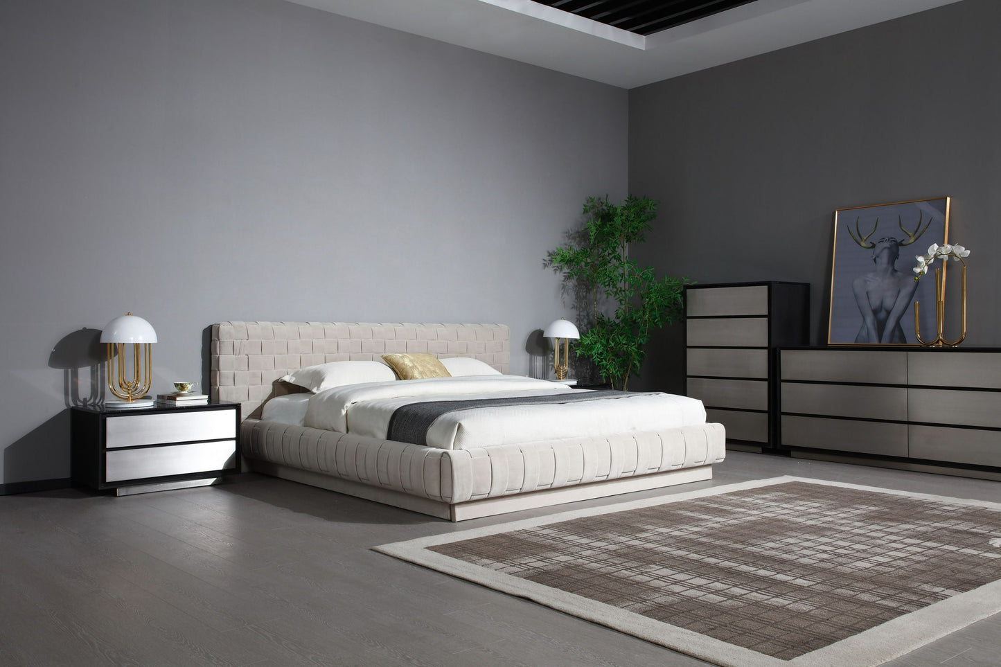 Modrest Concord Modern Grey Velvet, Black Marble, Black Ash, and Aluminum Bedroom Set for a Luxurious and Contemporary Bedroom Style
