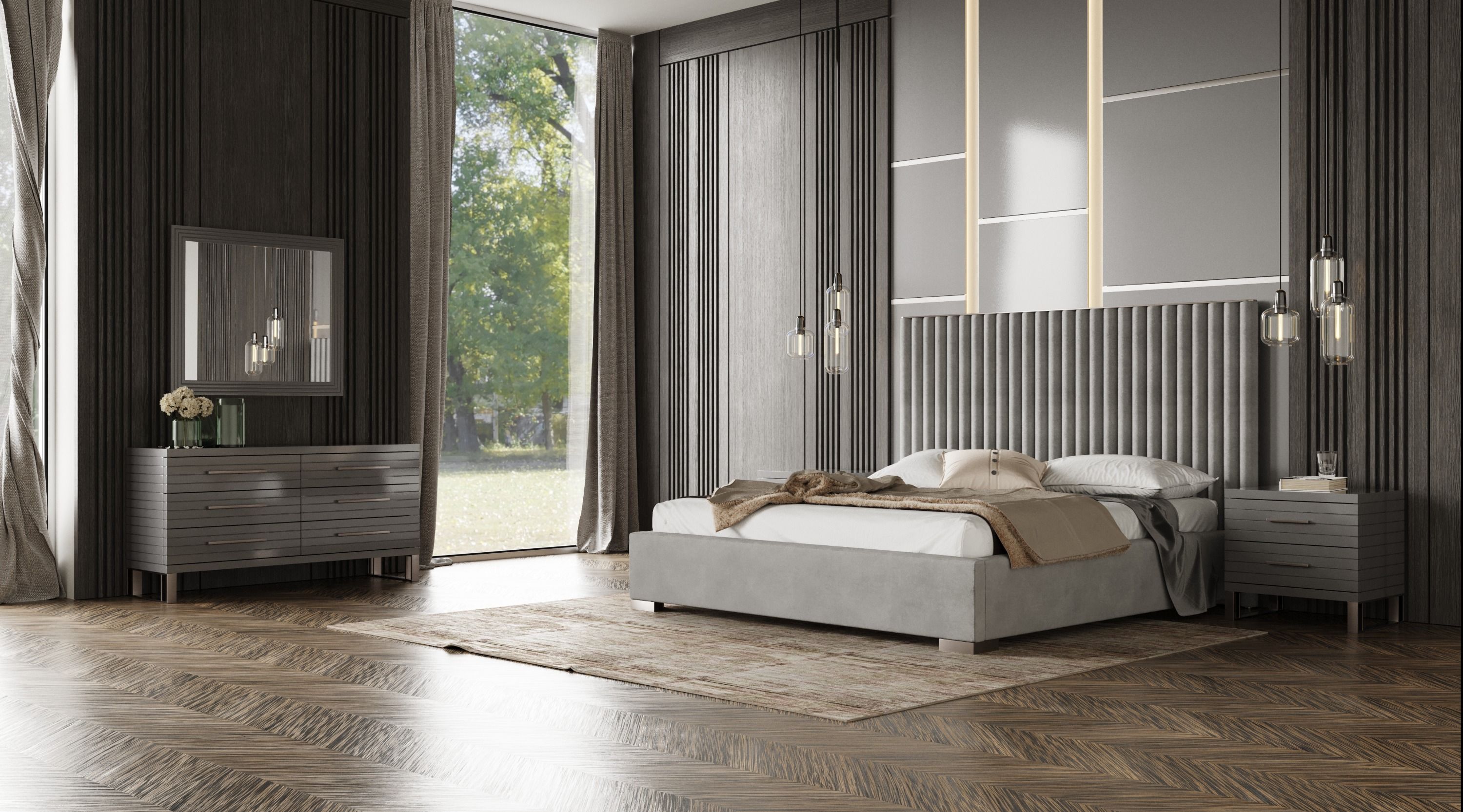 Modrest Audrey Modern Grey Velvet & Stainless Steel Bed