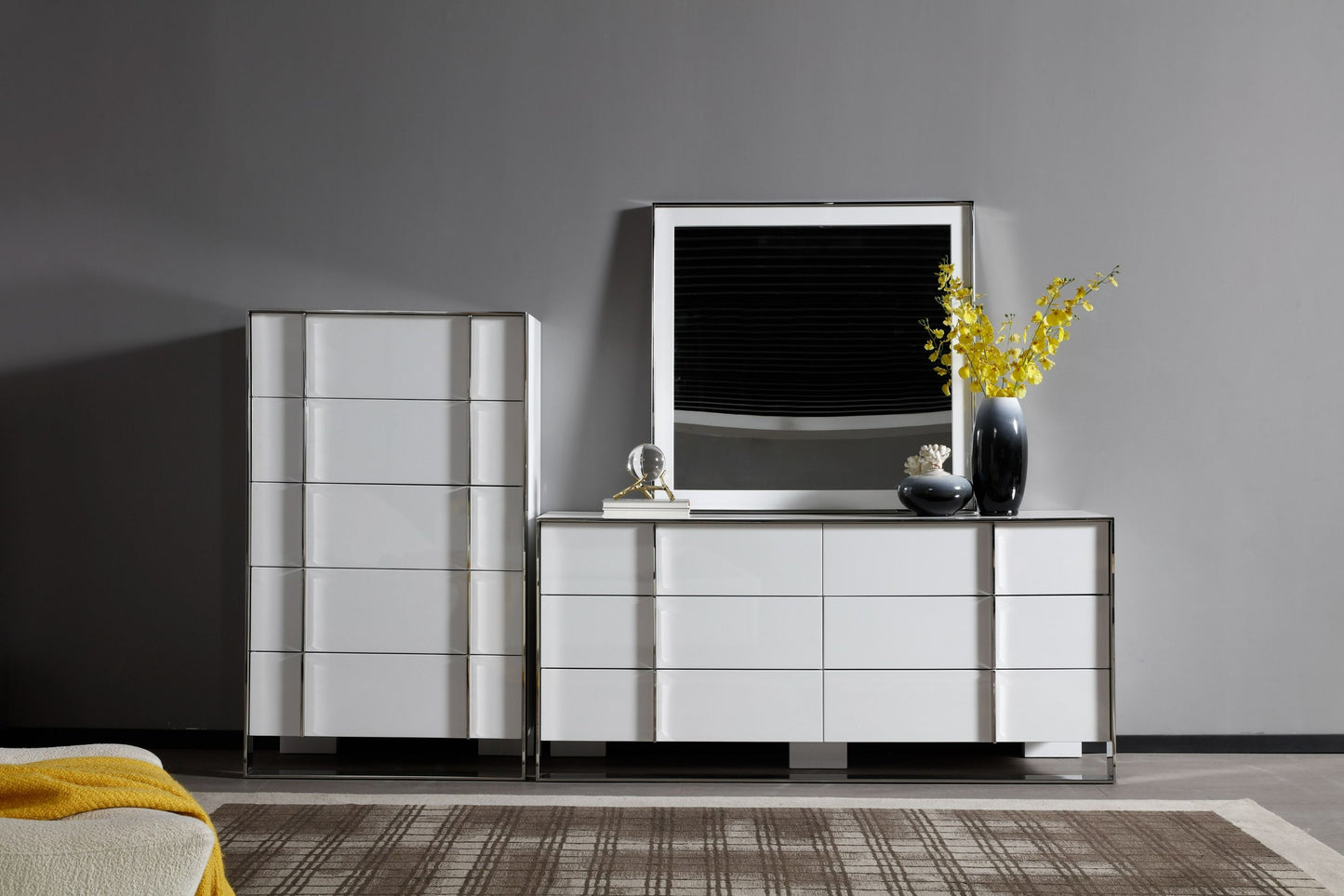 Modrest Cartier Modern White + Stainless Steel Mirror – Sleek and Contemporary Accent for Modern Bedrooms and Living Spaces