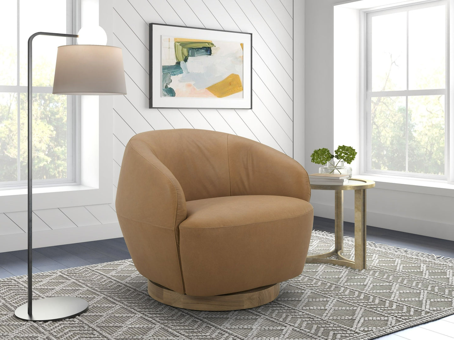 Divani Casa Agatha Modern Tan Leather Swivel Accent Chair - Stylish Tan Leather Upholstery with a Sleek Swivel Design for Contemporary Living Spaces.