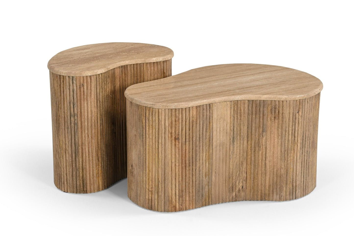 Modern Matador - Modern Travertine Marble + Wood Freeform Coffee Table Set