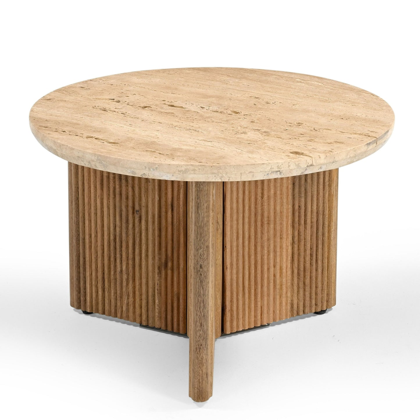 Modrest Pawnee - Modern Travertine Marble + Wood Round End Table