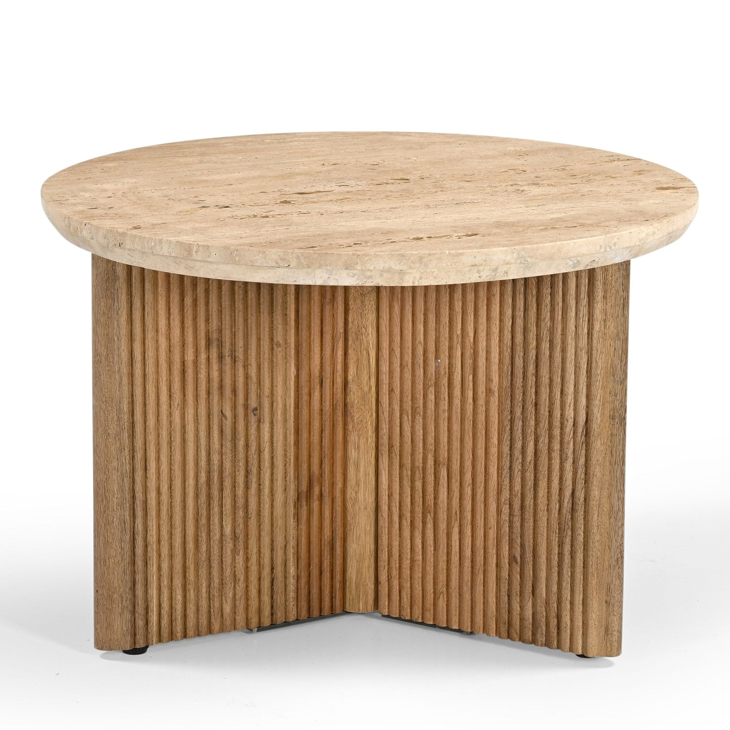 Modrest Pawnee - Modern Travertine Marble + Wood Round End Table