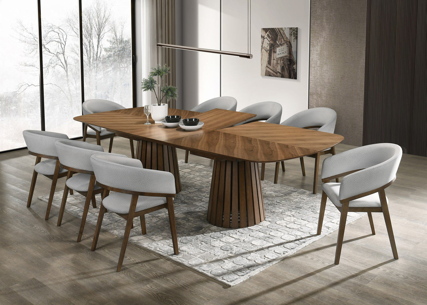 Modrest Truman Mid-Century Modern Walnut Extendable Dining Set A Sophisticated Fusion of Timeless Design and Functional Elegance for Sophisticated Dining Spaces