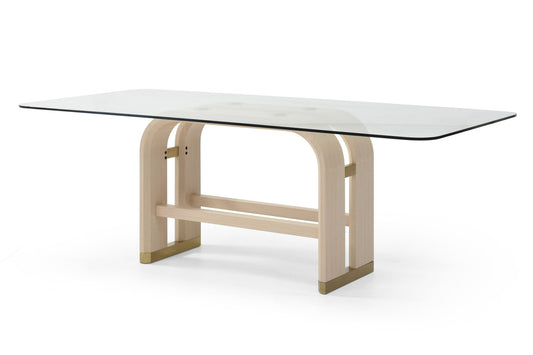 Modrest Florence Modern Dining Table – Glass Top, Natural Oak & Gold Accents