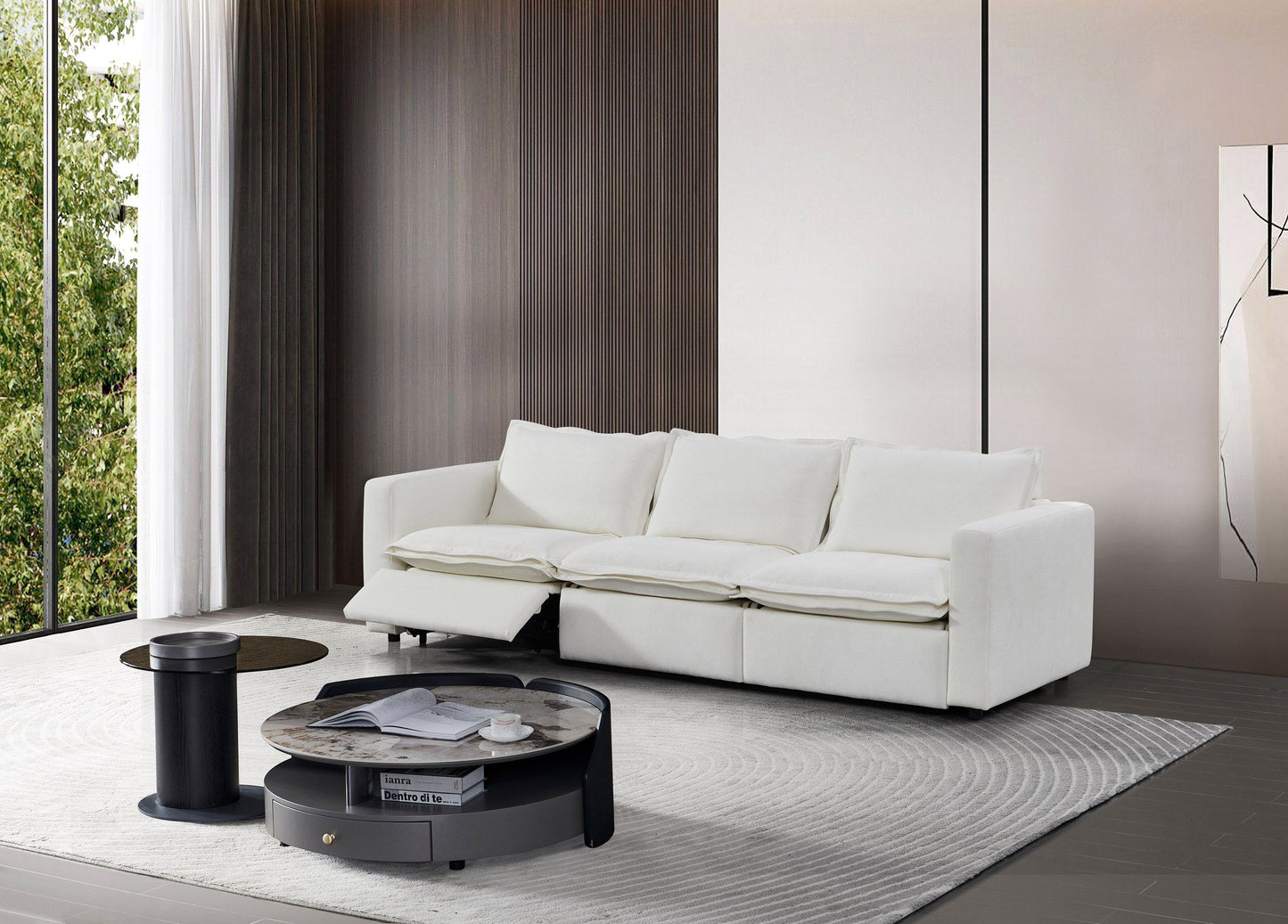 Divani Casa Almagre - Modern White Fabric Sofa w/ 3 Electric Recliners