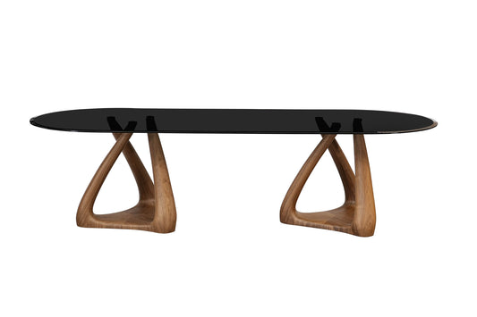 Modrest Christine Mid-Century Modern Grey Glass Walnut Oval Dining Table Timeless Mid-Century Design with Sophisticated Elegance for Stylish Dining Spaces