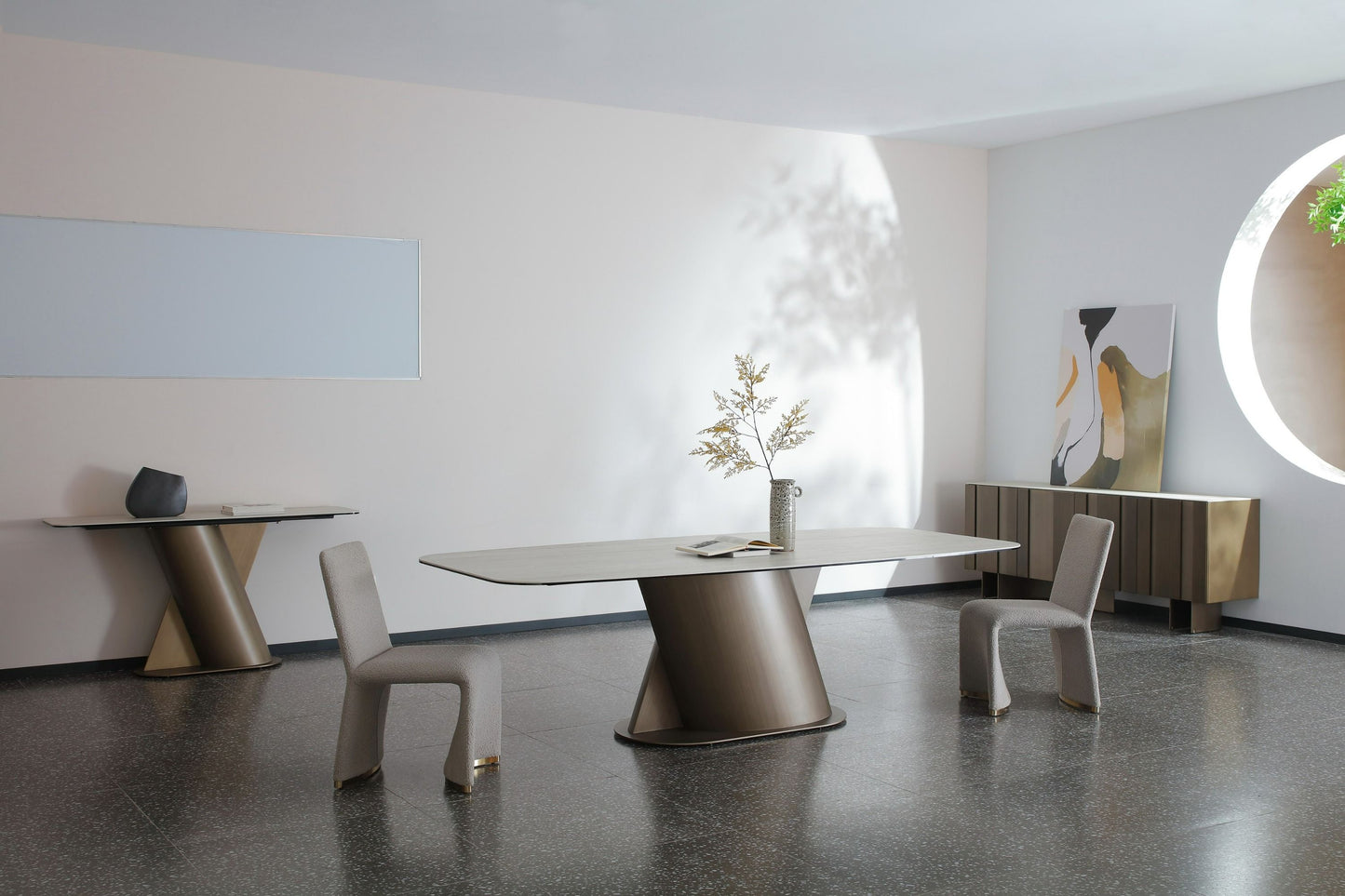 Lamod Kiefer Modern Faux Travertine Ceramic and Bronze Dining Table – Contemporary Luxury Dining Furniture