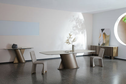 Lamod Kiefer Modern Faux Travertine Ceramic and Bronze Dining Table – Contemporary Luxury Dining Furniture