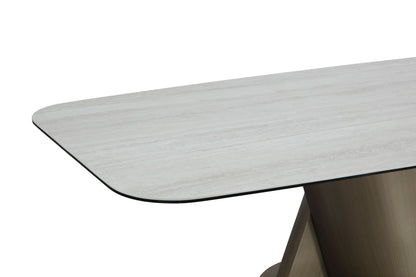 Lamod Kiefer Modern Faux Travertine Ceramic and Bronze Dining Table – Contemporary Luxury Dining Furniture
