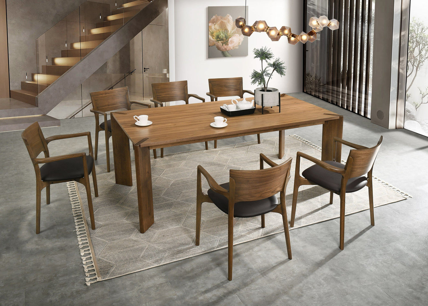 Modrest Edelman Mid-Century Modern Dining Set – Brown Leatherette Chairs & Walnut Table