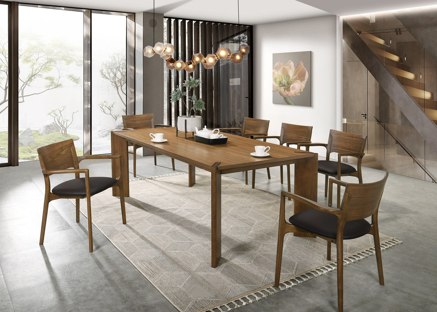 Modrest Edelman Mid-Century Modern Dining Set – Brown Leatherette Chairs & Walnut Table